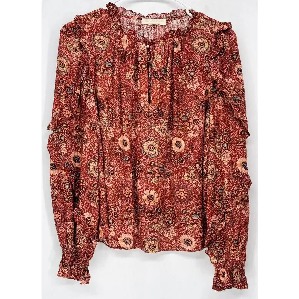 Ulla Johnson Sandalwood Long-Sleeve Manet Blouse Floral Print Rust Color Size 4